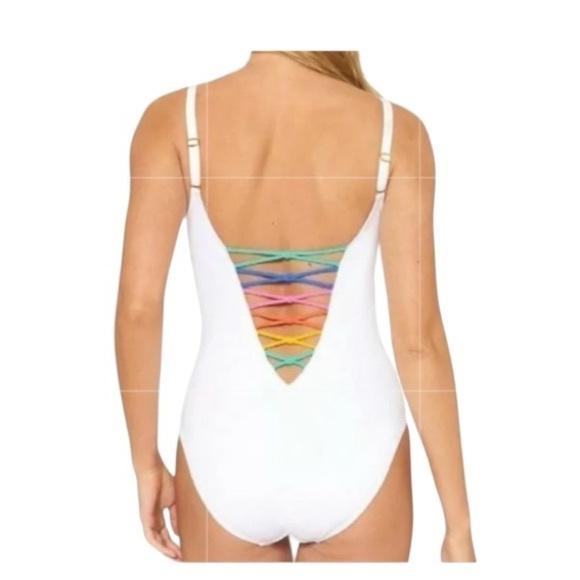Bleu Rod Beattie White Multi Rainbow Lace Down One-Piece - Picture 3 of 7